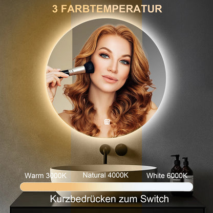 LED Bathroom Mirror Round Vanity Mirror With Backlit Lights Wall Mounted Dimmable 3 Color Lighting IP54