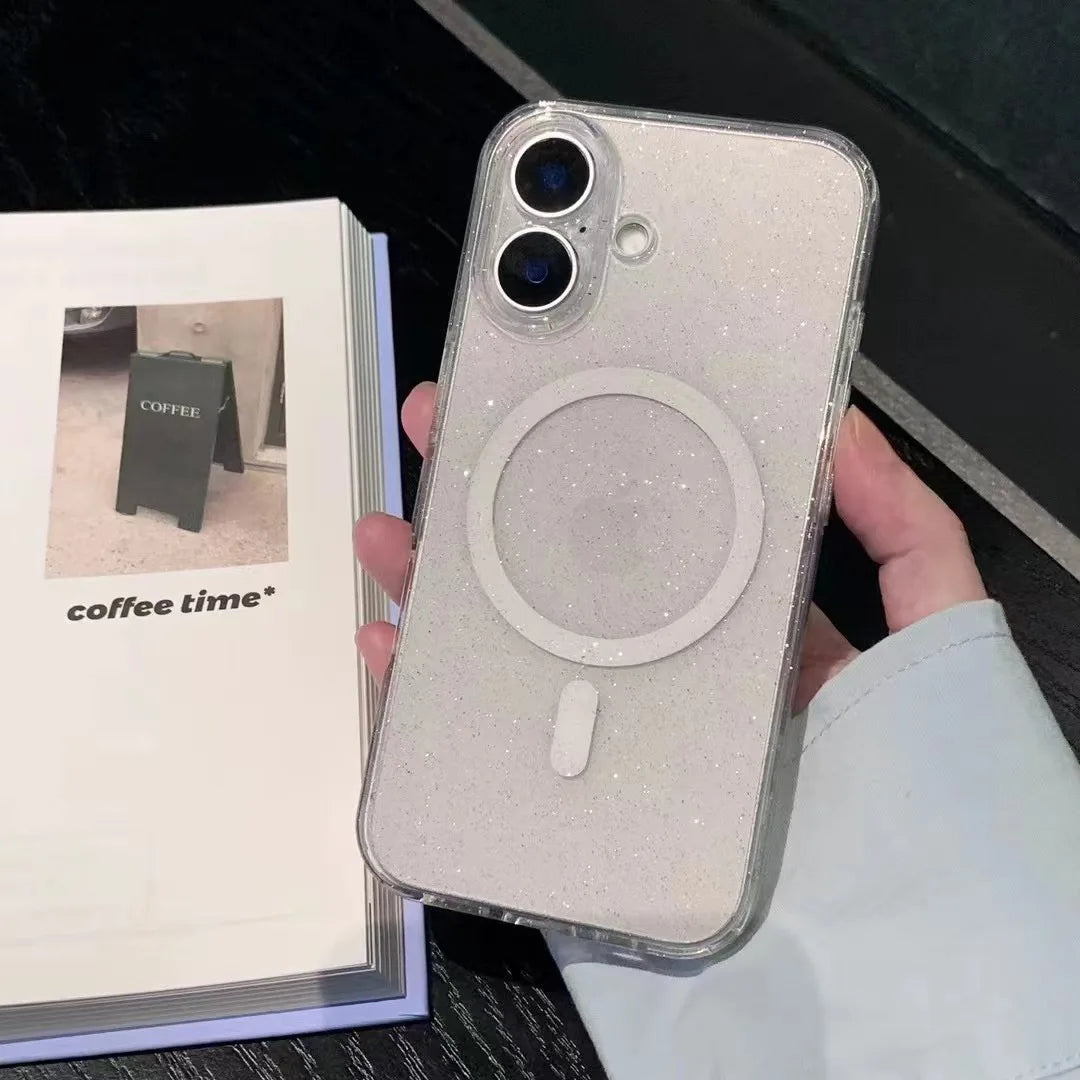 Luxury Transparent Magnetic Clear Glitter Phone Case For iPhone 16 15 14 13 ProMax Plus Soft Shockproof Magsafe Silicone Cover