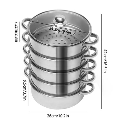 5-Tier Stainless Steel Food Steamer 26cm Meat Vegetable Steamer Pot Kitchen Cookware with Lid