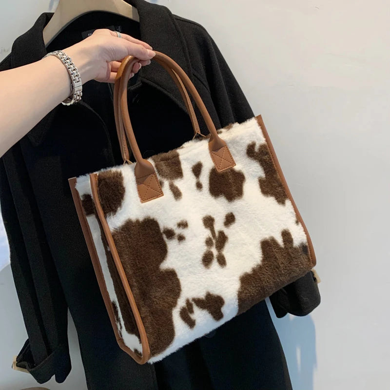 Winter Faux Fur ,Leopard Print Designer Shopper Totes, Fashion Soft Plush Women Shoulder Bags, Large Capacity Handbags and Purse