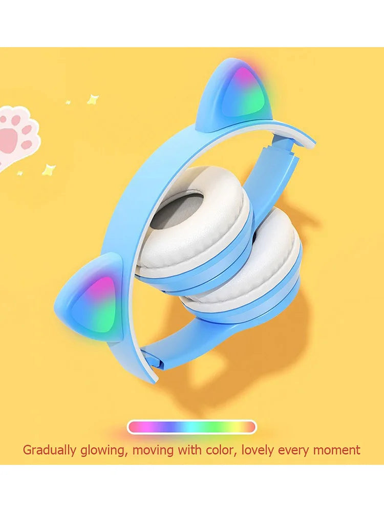 Wireless Headphones Cat Ear Gaming Headset Glow Light Bluetooth-Compatible Helmets Stereo Bass Sports Headphones for PC Phone