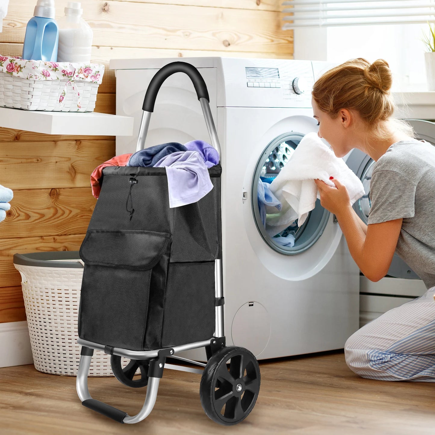 Foldable shopping trolley Lightweight aluminium shopping trolley Comes with removable shopping bag Waterproof fabric Mudguard