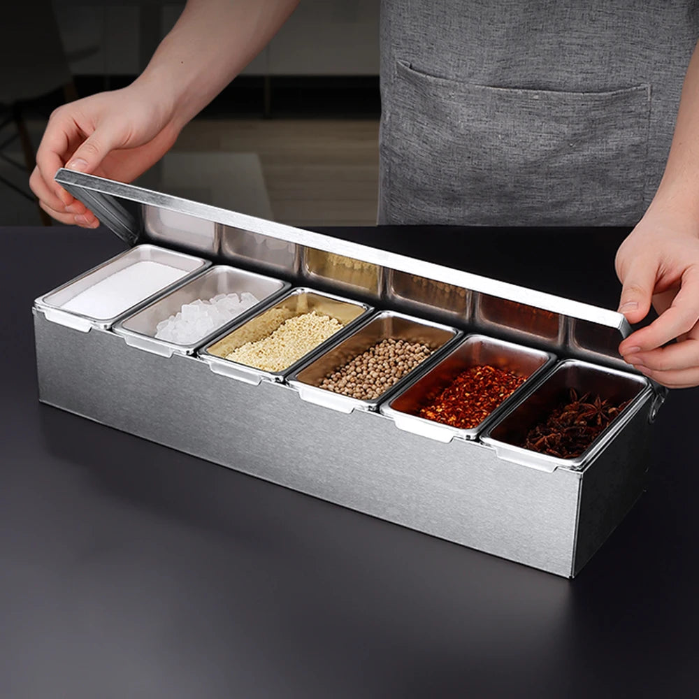 Ingredient Container With 6 Grids Kitchen Spice Box Set With Lid Stainless Steel Spice Container Fruit Box Food Container