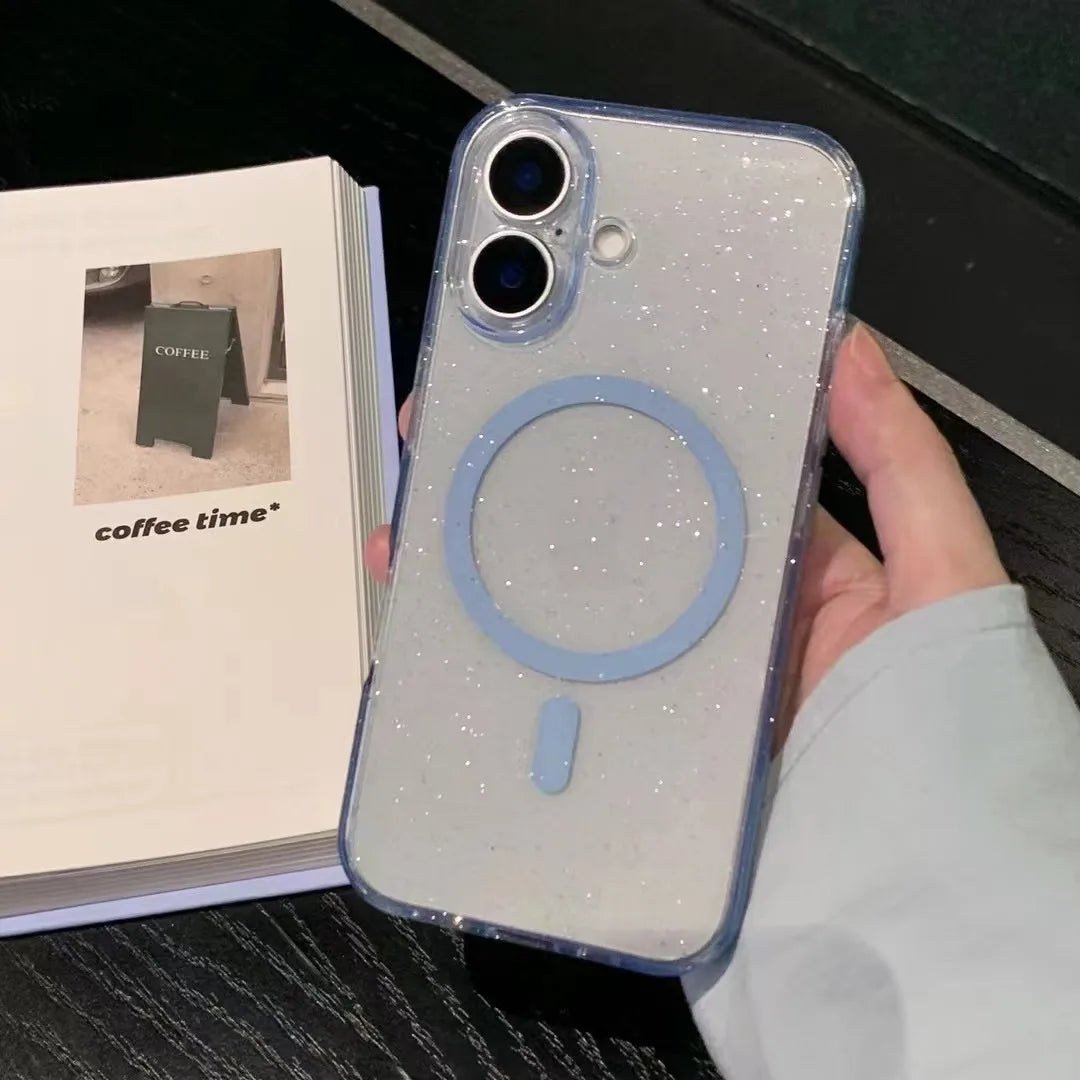 Luxury Transparent Magnetic Clear Glitter Phone Case For iPhone 16 15 14 13 ProMax Plus Soft Shockproof Magsafe Silicone Cover