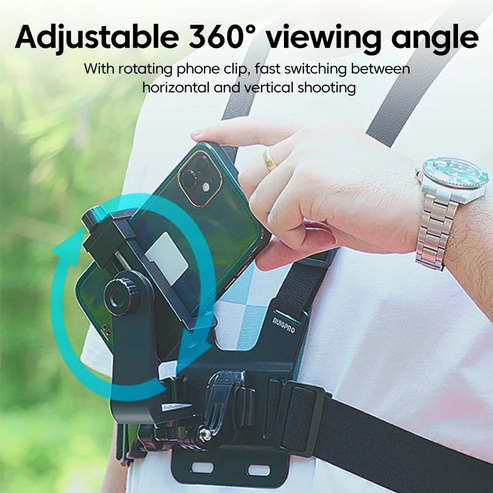 Adjustable phone clip stand with chest strap, fixed bracket for cycling, sports, climbing, and camera phones, chest phone mount.