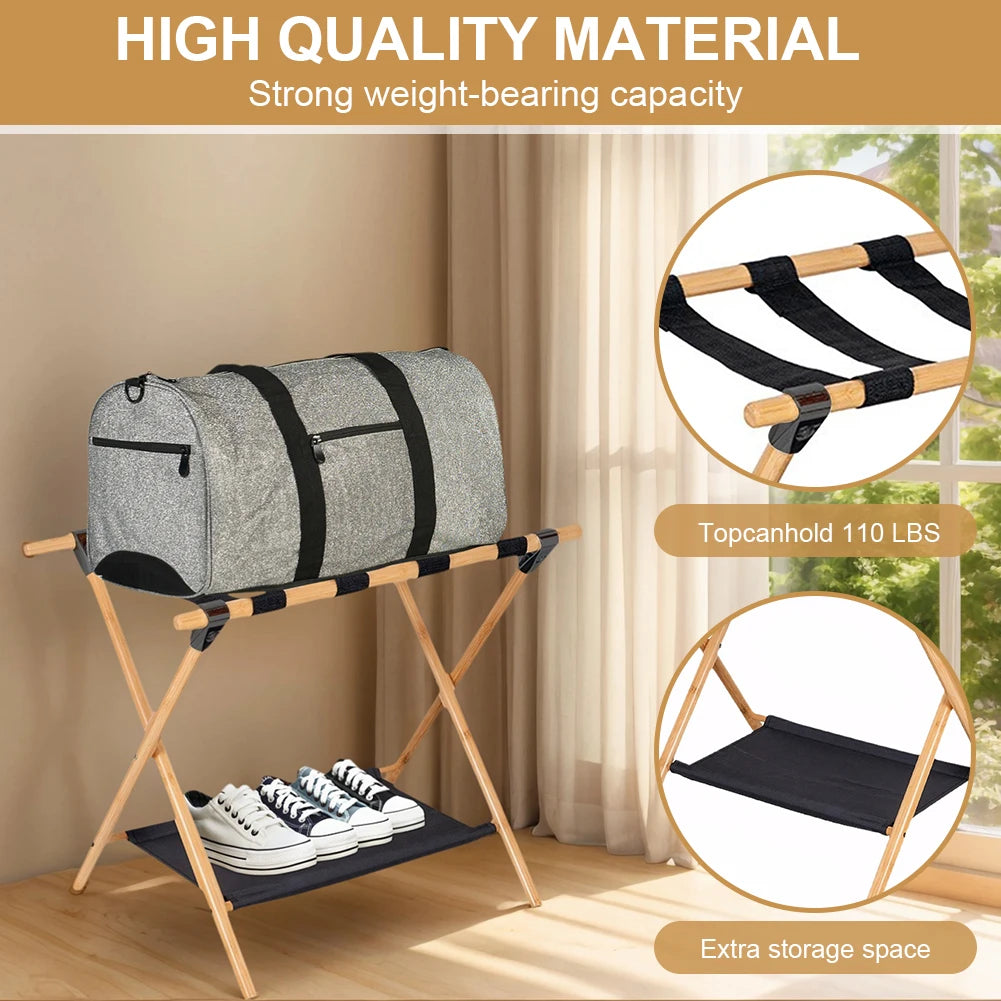 Bamboo Suitcase Stand Foldable Luggage Stand with Nylon Straps Suitcase Holder Suitable for Guest Room Bedroom Hotel