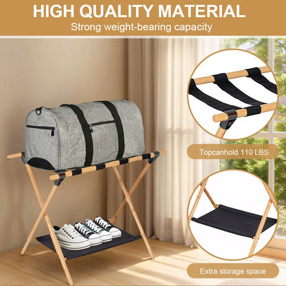 Bamboo Suitcase Stand Foldable Luggage Stand with Nylon Straps Suitcase Holder Suitable for Guest Room Bedroom Hotel