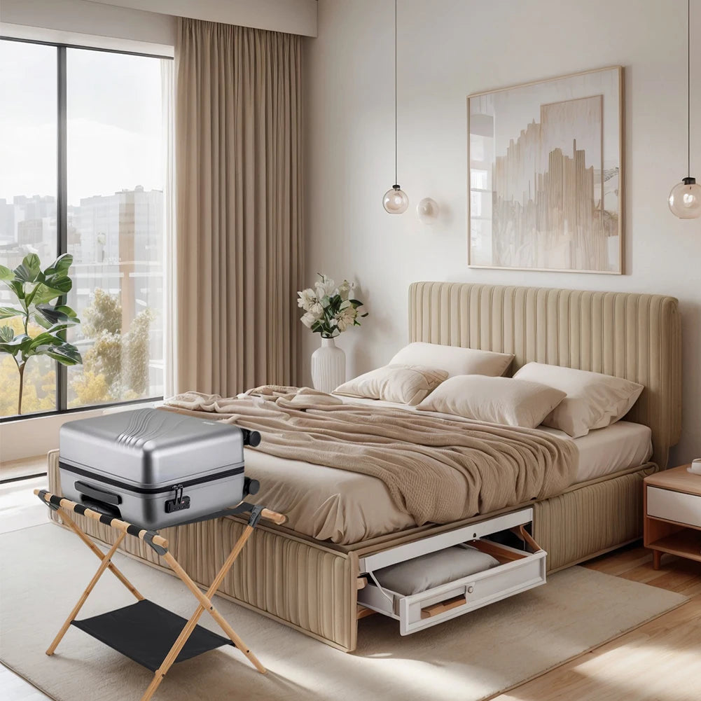 Bamboo Suitcase Stand Foldable Luggage Stand with Nylon Straps Suitcase Holder Suitable for Guest Room Bedroom Hotel