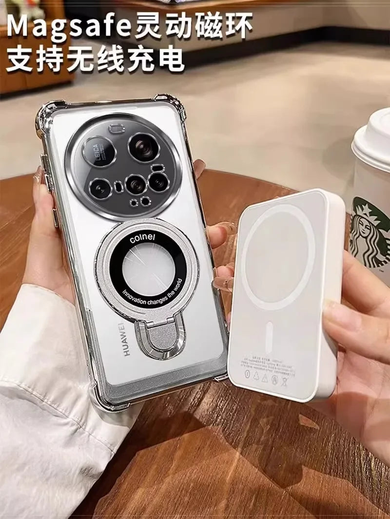 For Xiaomi 15 Ultra Case Magnetic Holder Luxury Plating Airbag Soft Silicone Transparent Camera Protection Shockproof Back Cover