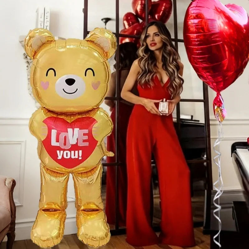 60in Standing Cute Love Teddy Bear-Shaped Balloon for Romantic Valentine's Day Proposal Wedding Birthday Party Decoration