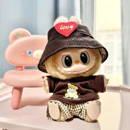 Mini Plush Doll Overall Decorative Kawaii Doll Clothes DIY Cute Plushies Outfit with Hat Cartoon Animal Toy Dress for Home Decor