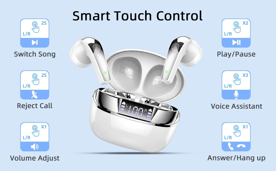 Wireless Earbuds, Bluetooth 5.3 Headphones Sports Headphones In Ear with ENC Noise Cancelling Mic, 30H Playback , LED Display.