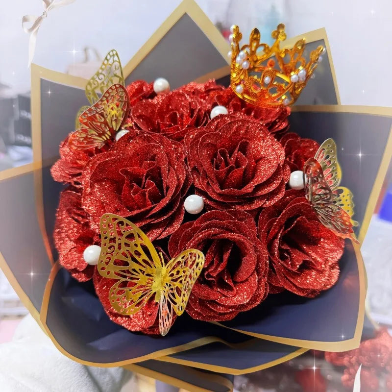 12/24PC Glitter Roses Artificial Flowers DIY Bouquet Everlasting Fake Flower for Wedding Anniversary Valentines Day Mothers Gift