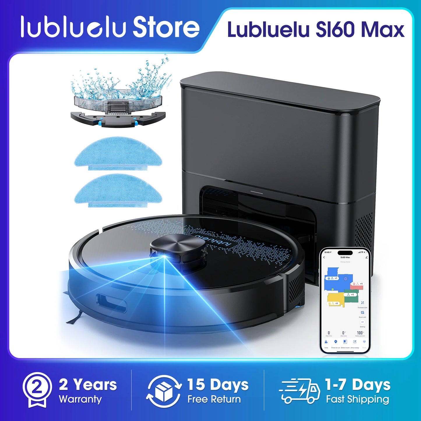 Lubluelu SL60 Max 3-in-1 Robot Vacuum Mop - 5000Pa Suction Pet Hair Long Hair Friendly LDS9.0 LiDAR 24 No-Go Zones APP Control