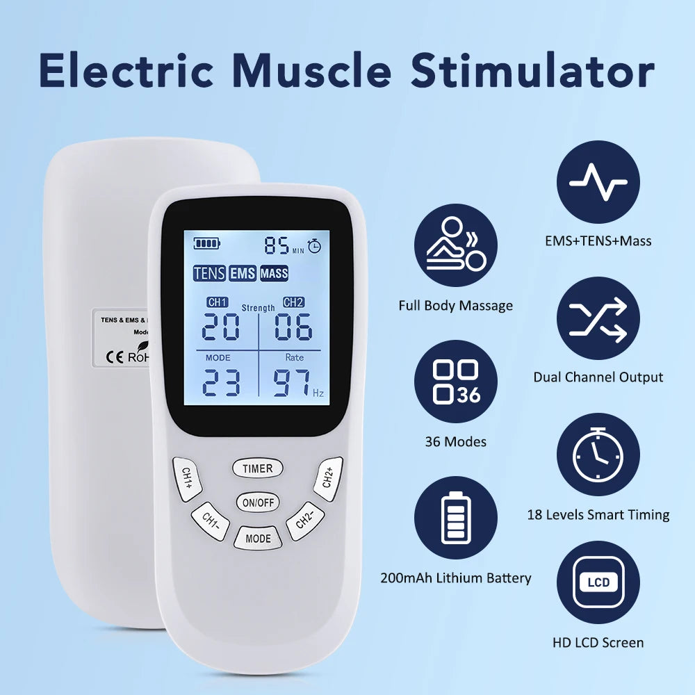 36-Mode Electric Muscle Stimulator TENS EMS 20 Intensity Levels 1-97Hz Dynamic Frequency A/B Dual Channels Massage Relaxation