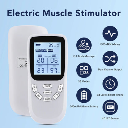 36-Mode Electric Muscle Stimulator TENS EMS 20 Intensity Levels 1-97Hz Dynamic Frequency A/B Dual Channels Massage Relaxation