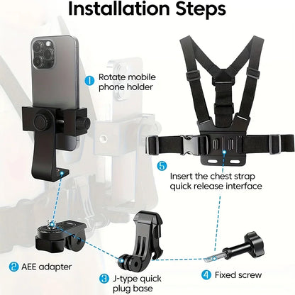 Adjustable phone clip stand with chest strap, fixed bracket for cycling, sports, climbing, and camera phones, chest phone mount.