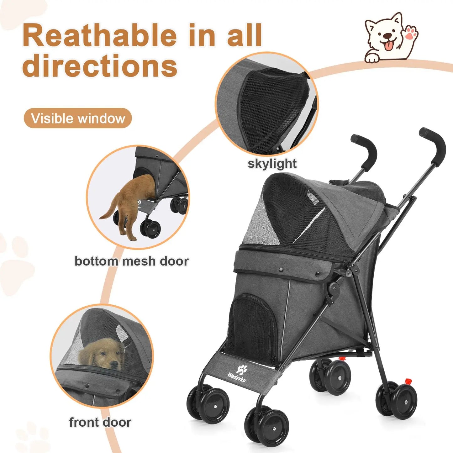 Travel Portable Dog Stroller, Pet Stroller for Small Puppy Dogs & Cats, Up to 33 lbs, Dark Grey