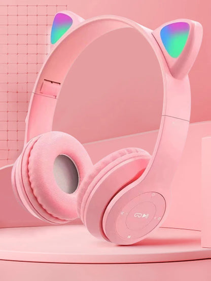 Wireless Headphones Cat Ear Gaming Headset Glow Light Bluetooth-Compatible Helmets Stereo Bass Sports Headphones for PC Phone