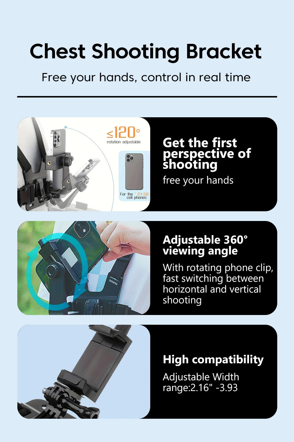 Adjustable phone clip stand with chest strap, fixed bracket for cycling, sports, climbing, and camera phones, chest phone mount.