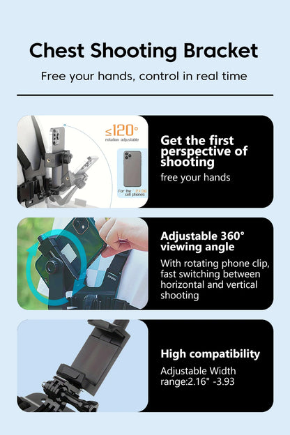 Adjustable phone clip stand with chest strap, fixed bracket for cycling, sports, climbing, and camera phones, chest phone mount.
