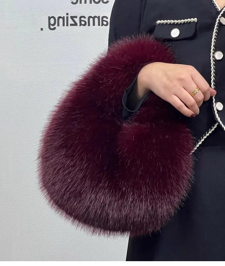 Winter Casual Furry Shoulder Bags for Women Solid Color Soft Plush Ladies Clutch Purse Handbags Lightweight Female Hobos Bag