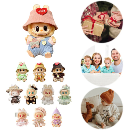 Mini Plush Doll Overall Decorative Kawaii Doll Clothes DIY Cute Plushies Outfit with Hat Cartoon Animal Toy Dress for Home Decor