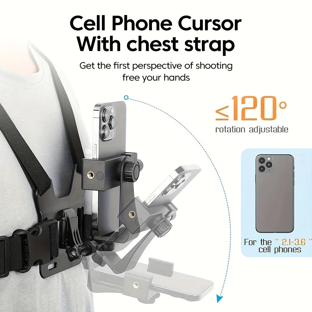 Adjustable phone clip stand with chest strap, fixed bracket for cycling, sports, climbing, and camera phones, chest phone mount.