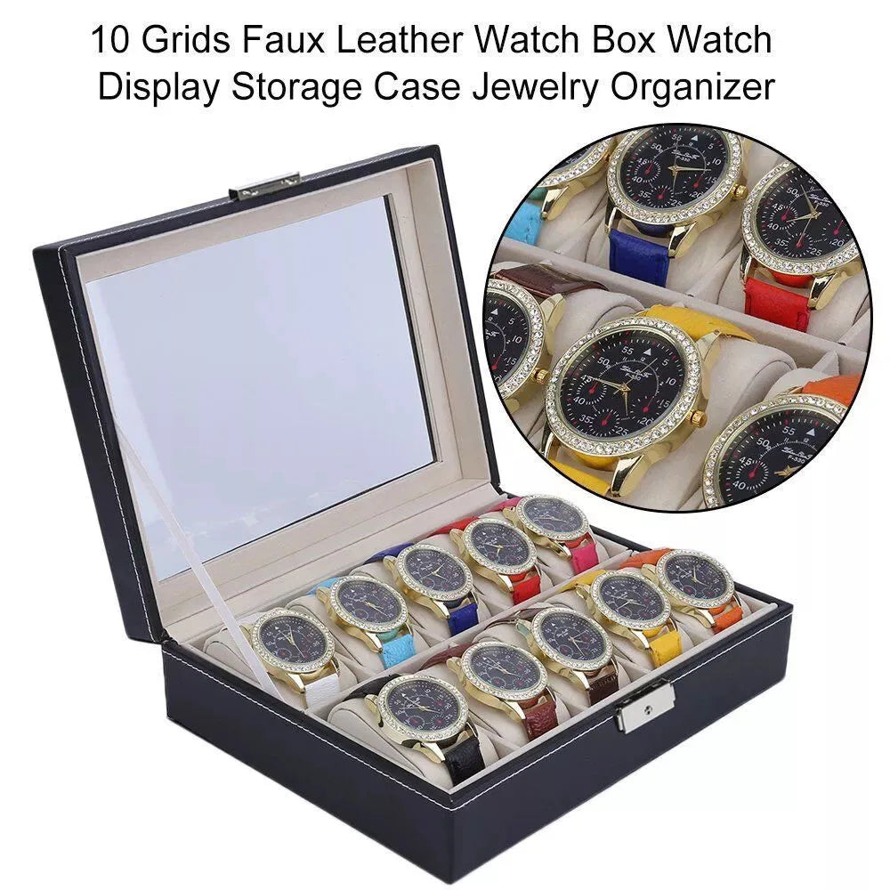10 Grids Watch Box Luxury PU Leather Display Case Organizer Top Glass Jewelry Collection Storage Holder Box Black