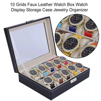 10 Grids Watch Box Luxury PU Leather Display Case Organizer Top Glass Jewelry Collection Storage Holder Box Black