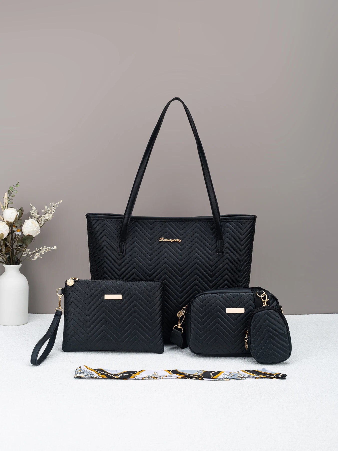 Wave pattern daily commuting large capacity tote bag handbag four piece set fashion trend personality change camera bag