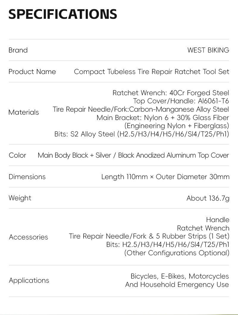 WEST BIKING Mini Ratchet Wrench Vacuum Portable Tubeless Tool Set Bicycle Motorcycle Emergency Multitool Tire Repair Kit E-Bikes