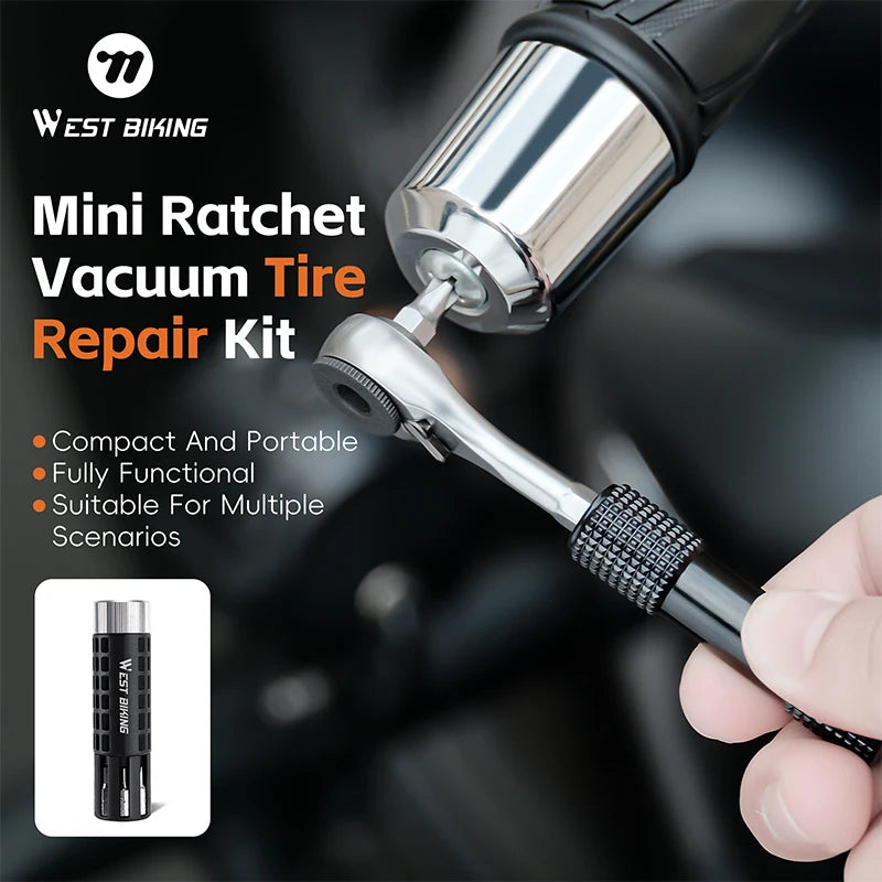 WEST BIKING Mini Ratchet Wrench Vacuum Portable Tubeless Tool Set Bicycle Motorcycle Emergency Multitool Tire Repair Kit E-Bikes