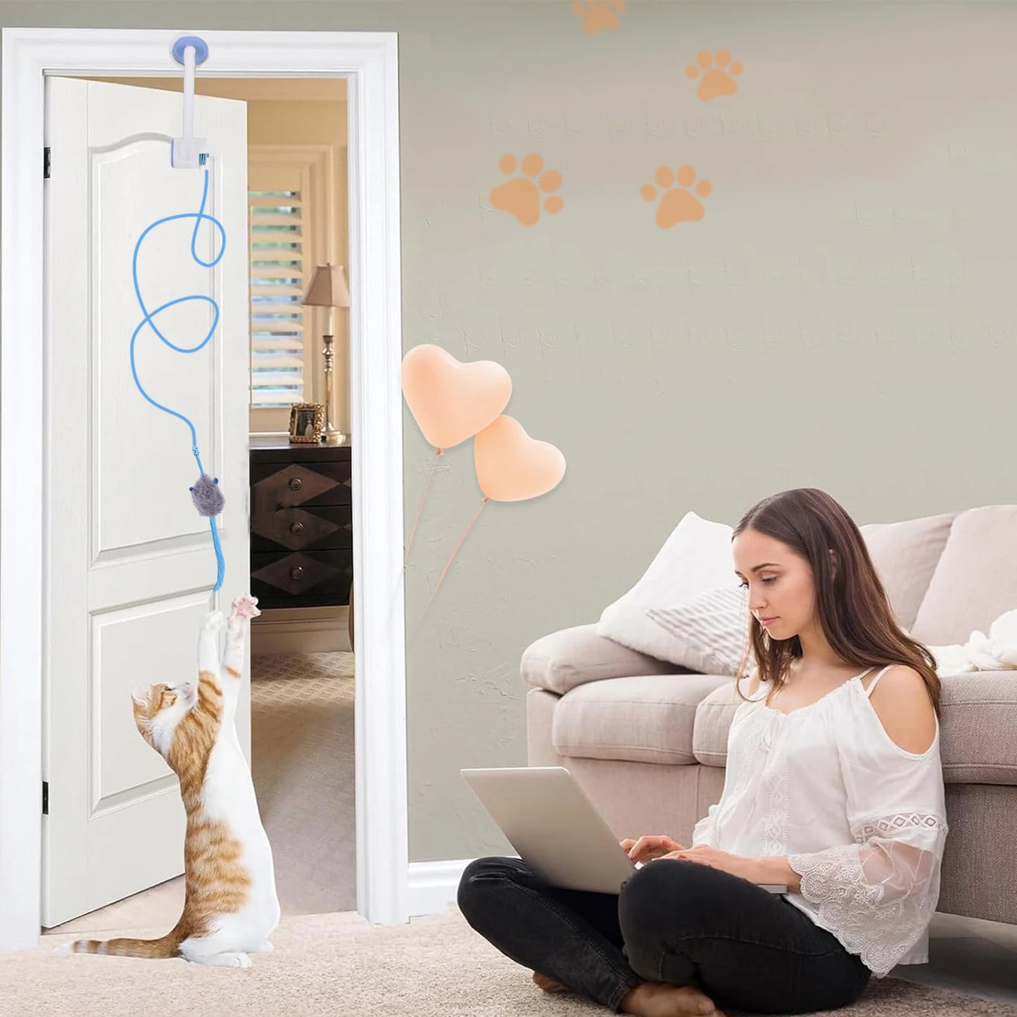 Door Hanging Automatic Retractable Kitten Toys Interactive Cat Teaser Retractable Toys with 3 Catnip Mice for Indoor Bored Cats