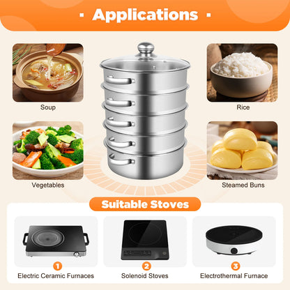 5-Tier Stainless Steel Food Steamer 26cm Meat Vegetable Steamer Pot Kitchen Cookware with Lid