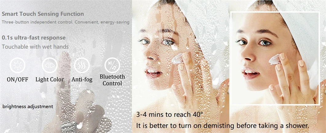 Smart LED Bathroom Mirror Rectangle Wall Mount Mirror w Bluetooth Speaker,Time,Temperature,Light Memory,Front & Backlit,Anti-Fog