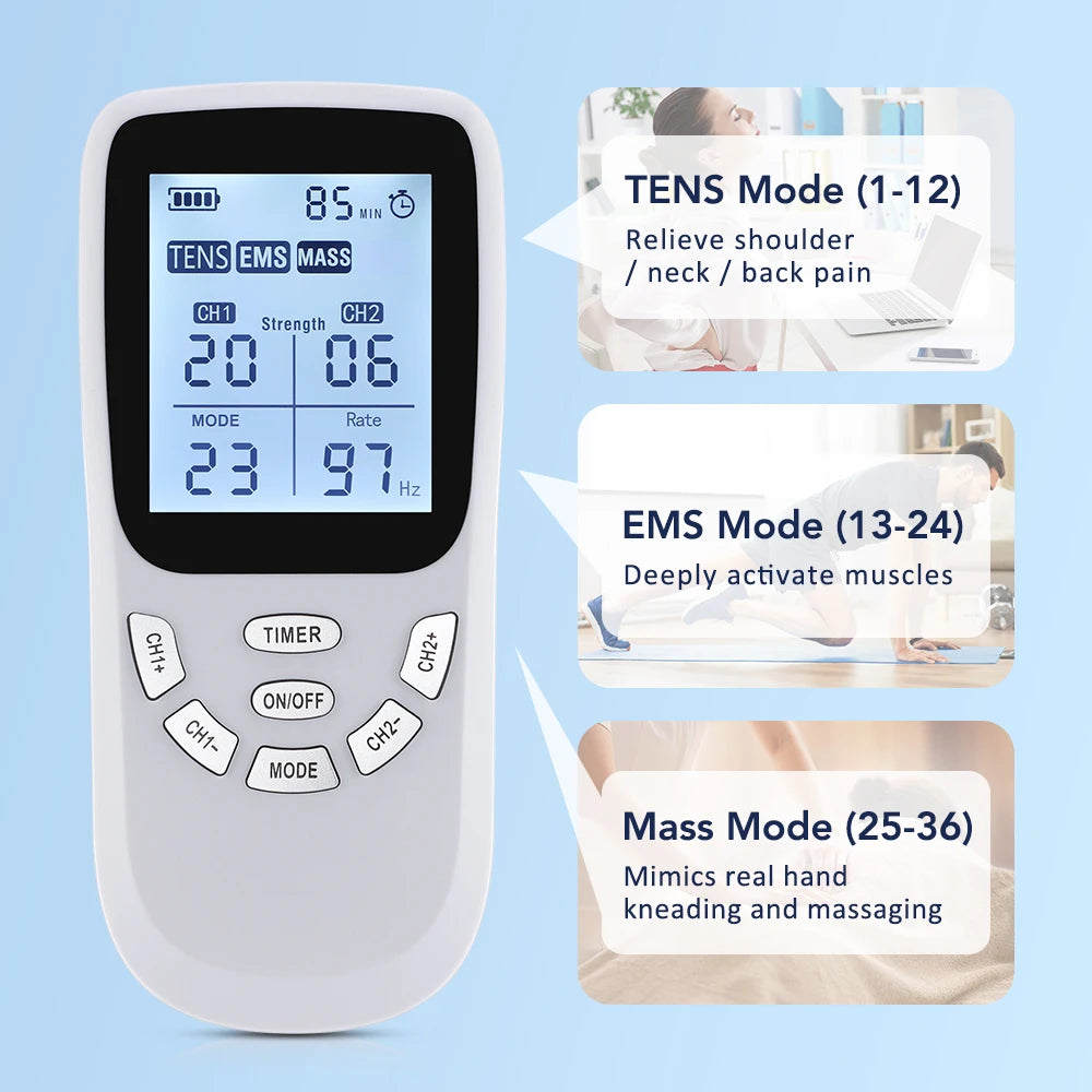 36-Mode Electric Muscle Stimulator TENS EMS 20 Intensity Levels 1-97Hz Dynamic Frequency A/B Dual Channels Massage Relaxation