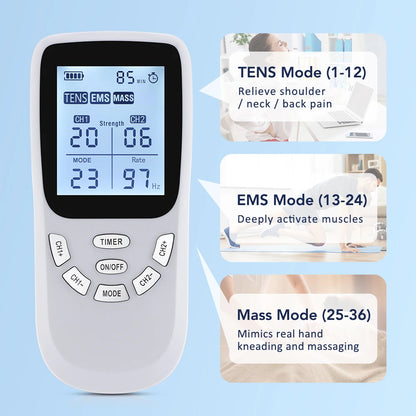 36-Mode Electric Muscle Stimulator TENS EMS 20 Intensity Levels 1-97Hz Dynamic Frequency A/B Dual Channels Massage Relaxation