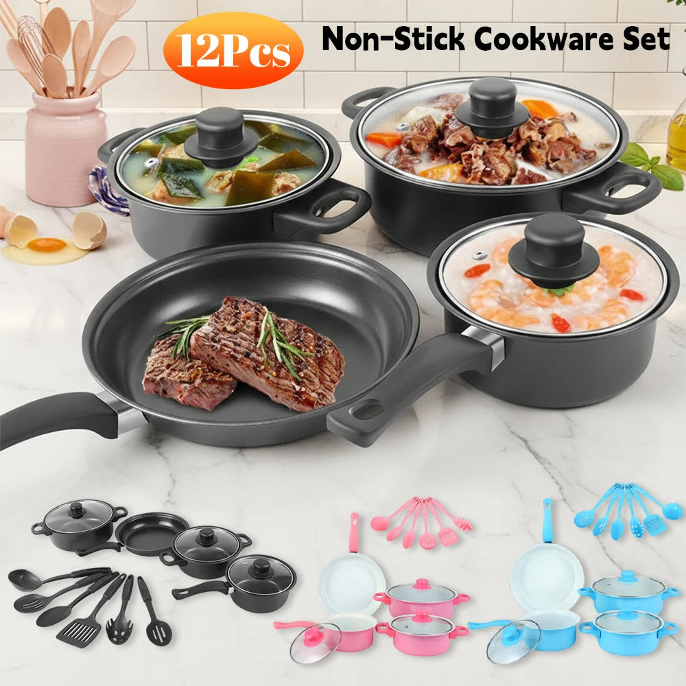 12-Piece High-Quality Non-Stick Cookware Set Deep Frying Pan with Lid Milk Pot Maifan Stone Frying Pan Cooking Pot Set