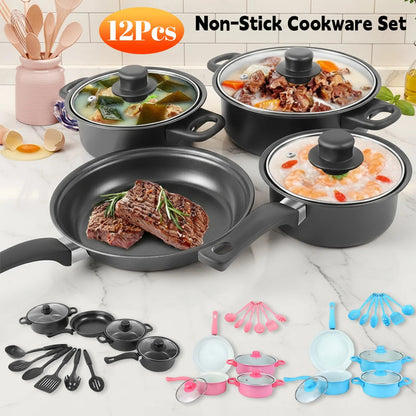 12-Piece High-Quality Non-Stick Cookware Set Deep Frying Pan with Lid Milk Pot Maifan Stone Frying Pan Cooking Pot Set