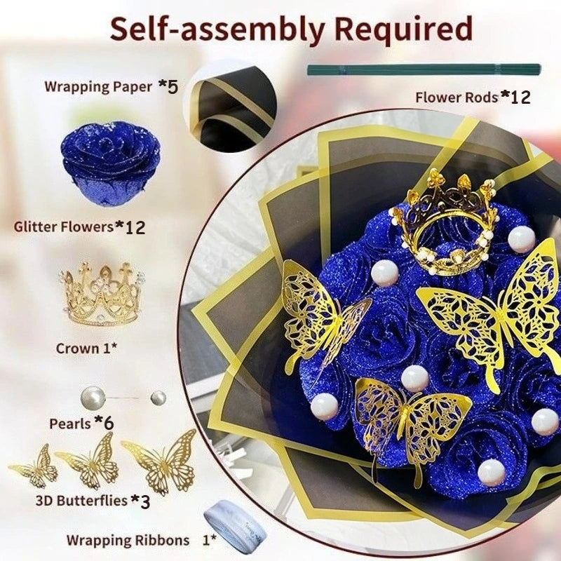 12/24PC Glitter Roses Artificial Flowers DIY Bouquet Everlasting Fake Flower for Wedding Anniversary Valentines Day Mothers Gift