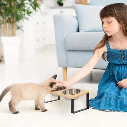 Elevated Cat Bowls 15° Tilted Raised Cat Food Bowls with Wooden Stand Anti Vomiting 2 Stainless Steel Bowls for Cats and Puppy