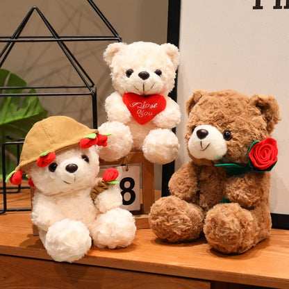 15/25cm Sitting Cartoon Bear Plush Toy Stuffed Valentine's Day Rose Animal Say Love Holding Red Heart Girlfriend Gift