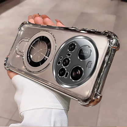 For Xiaomi 15 Ultra Case Magnetic Holder Luxury Plating Airbag Soft Silicone Transparent Camera Protection Shockproof Back Cover