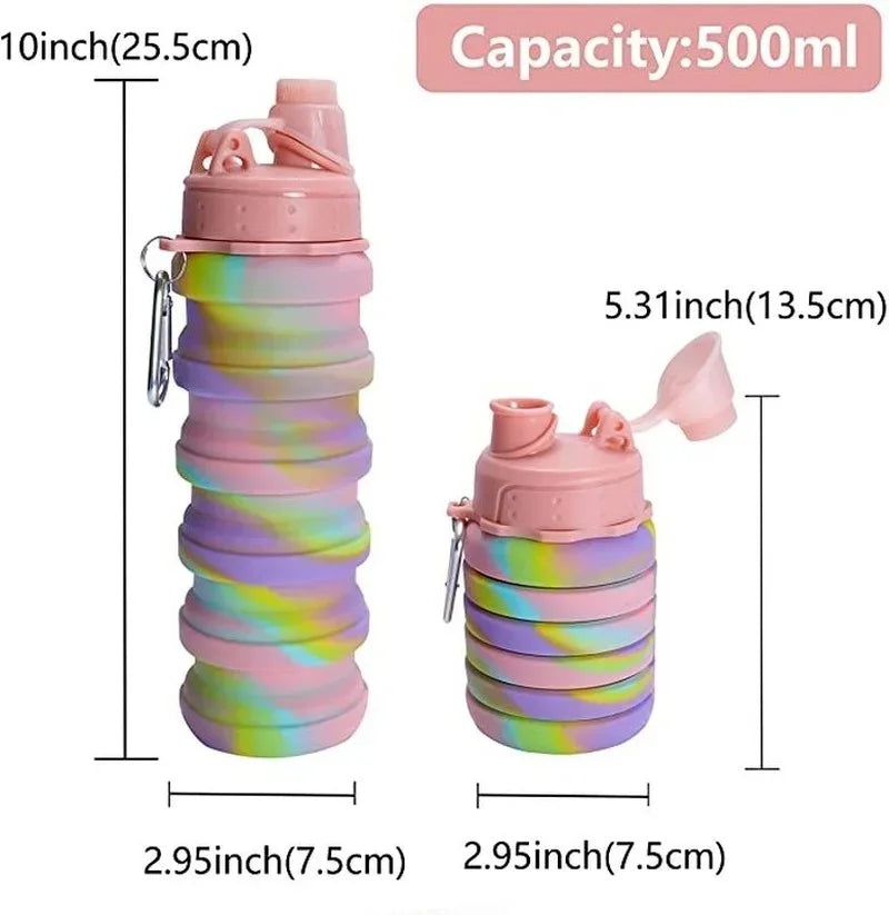 500ML Portable Retractable Silicone Bottle Folding Water Bottles Outdoor Travel Drinking Cup with Carabiner Collapsible Cups