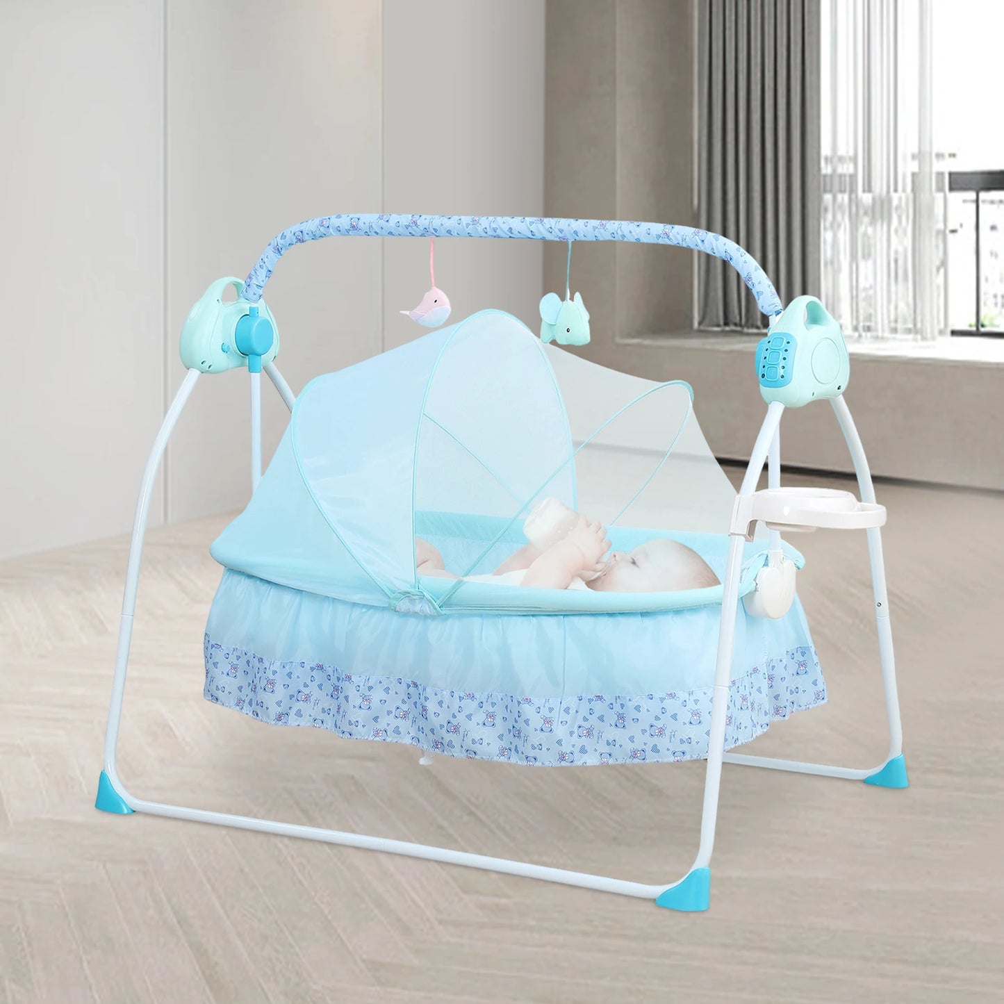 Blue Electric Baby Crib Cradle, 0-18 MonthsInfant Bed Auto Swing with Music, 25KG/55LBS Capacity, Foldable Baby Bassinet