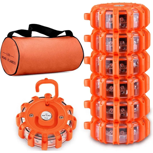 6 Pack LED Road Flare Emergency Light Roadside Safety Beacon Pan Flash Warning Light Kit for CarsTrucks Boats | 9 Flashing Modes