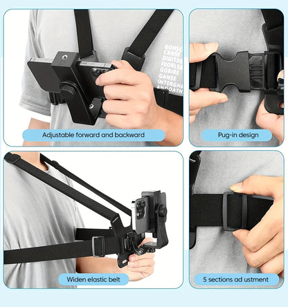 Adjustable phone clip stand with chest strap, fixed bracket for cycling, sports, climbing, and camera phones, chest phone mount.