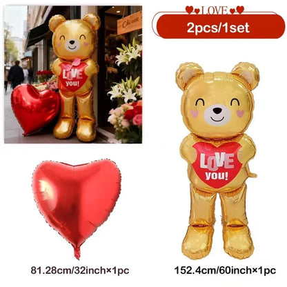60in Standing Cute Love Teddy Bear-Shaped Balloon for Romantic Valentine's Day Proposal Wedding Birthday Party Decoration