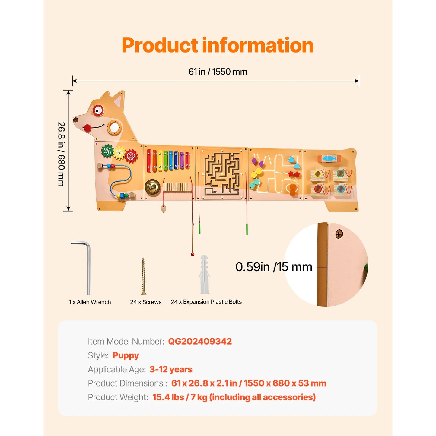 VEVOR Puppy Kids Wall Busy Panels 12 Activities Board Montessori Sensory Learning Activity Center for Children Playroom Toys